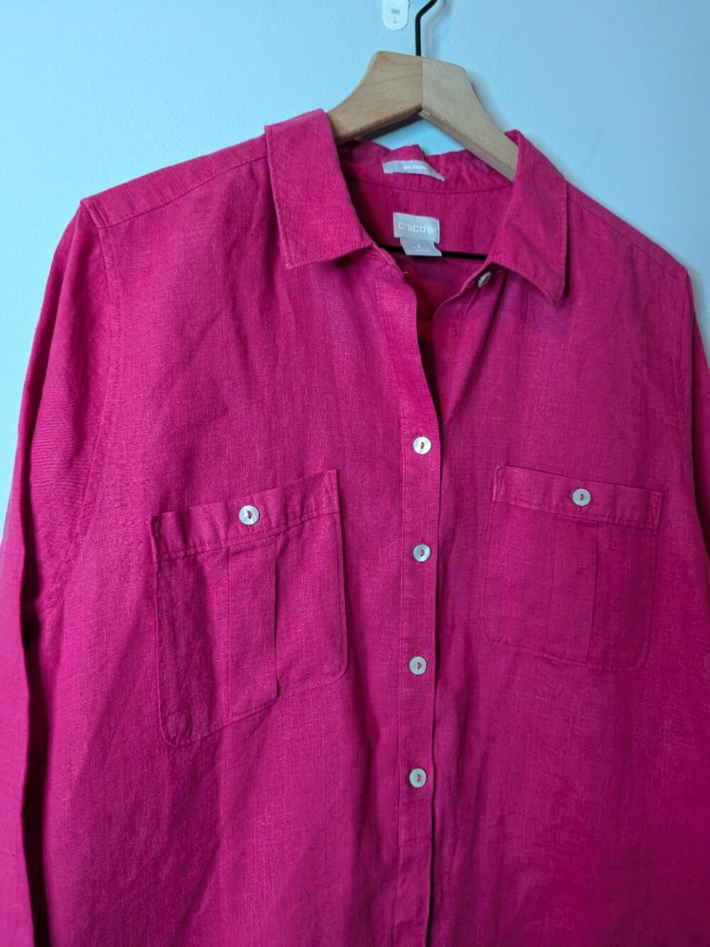 Chicos Linen No Iron 3/4 Sleeve Button Blouse Size 3 Pink - Picture 4 of 6
